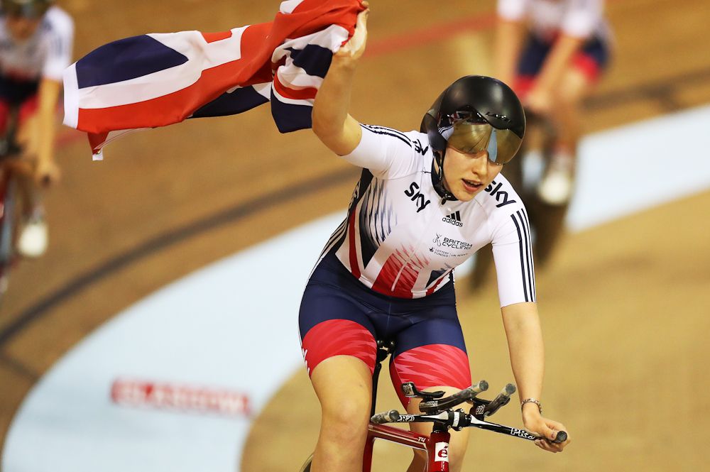 Emily Nelson of Great Britain celebrates at Great Britain win the Women's Team Pursuit