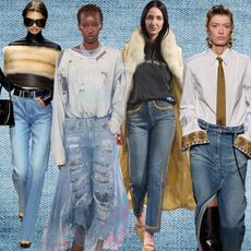 collage of women wearing fall 2026 denim trends: cigarette jeans, ripped jeans, embellished jeans, light wash denim, denim skirts