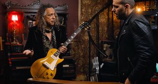 Kirk Hammett shows Gibson's Mark Agnesi some choice Les Pauls from his epic guitar collection, including Greeny, a triple-humbucker Les Paul Custom, a '52 Gold Top with a trapeze tailpiece, and a stunning 1958 Les Paul Standard finished in red.