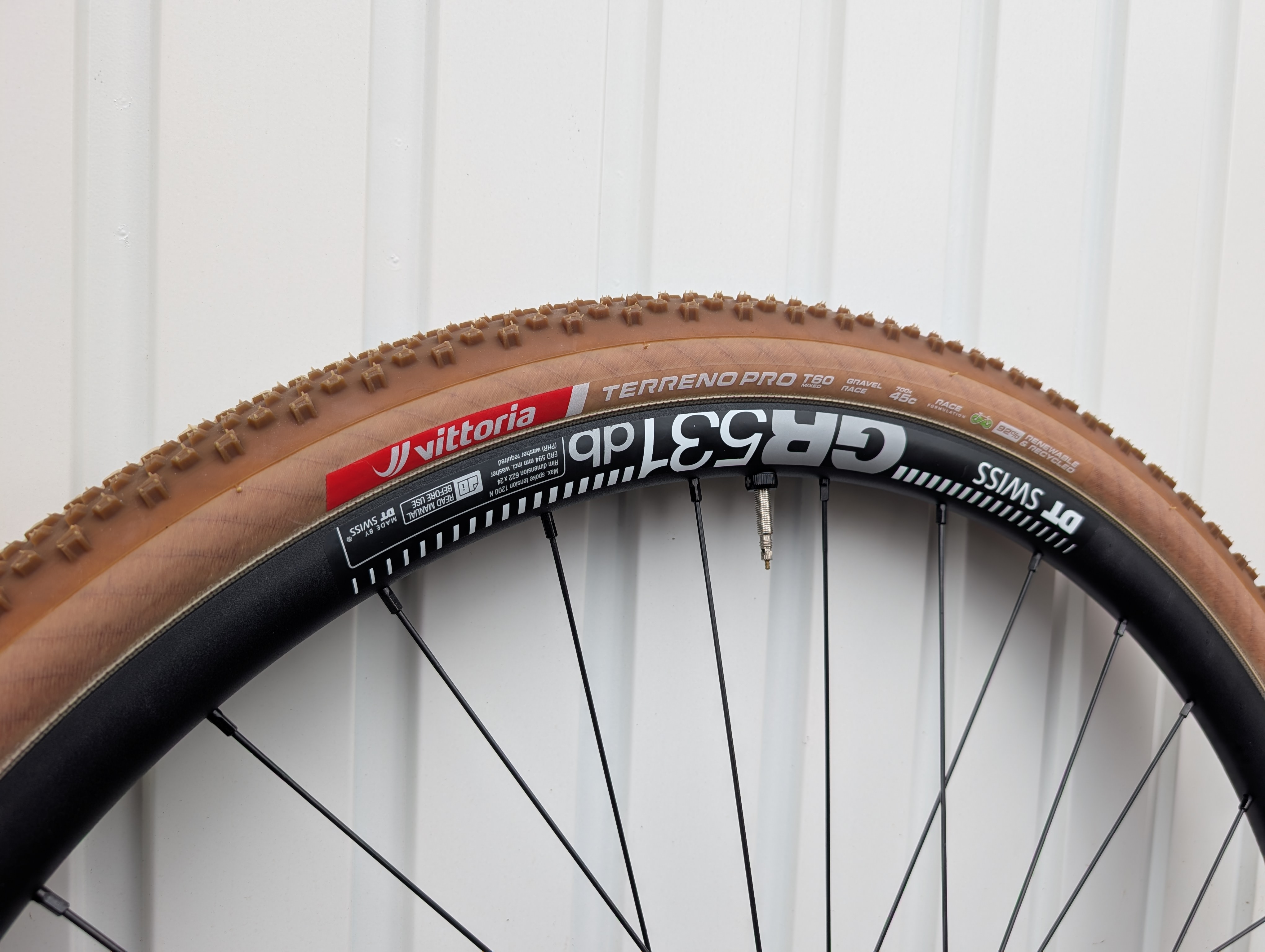 A close up of the sidewall of the Vittoria T60 Pro Mixed Gravel Race trye mounted on a DT Swiss GR531 DB rim