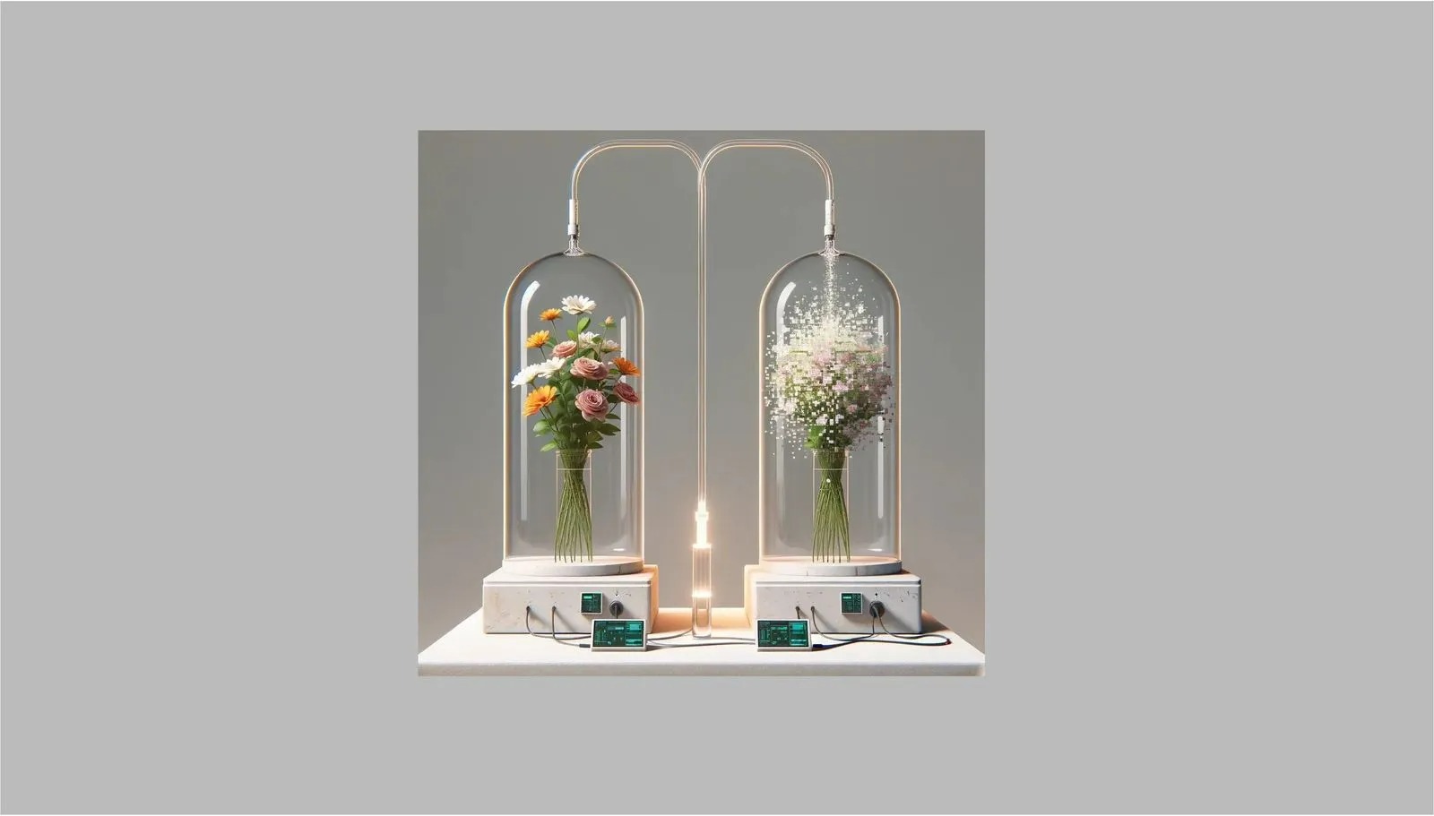Representation of perfume experiment, with two connected bell jars containing bouquets