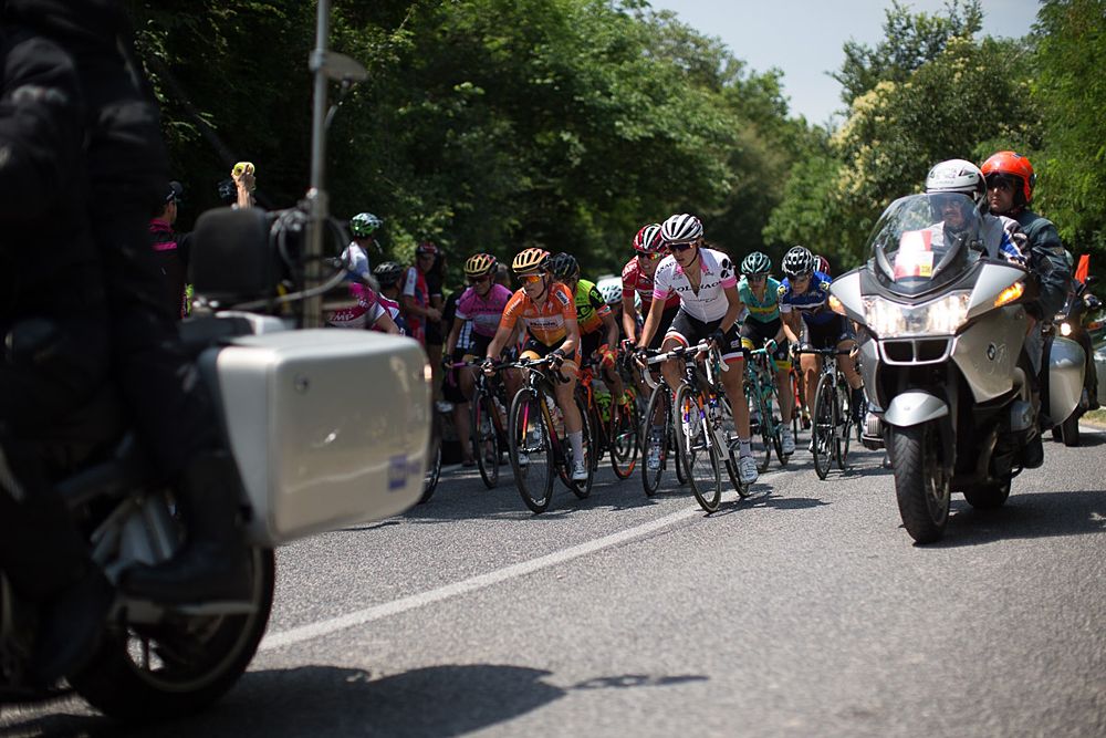 Karol-Ann Canuel (CAN) of Boels-Dolmans Cycling Team and Katarzyna Niewiadoma (POL) of Rabo-Liv Cycling Team lead the field to the top of the only climb of the Giro Rosa 2016 - Stage 3