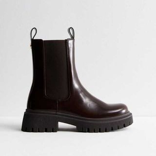 Brown Leather-Look Chunky Chelsea Ankle Boots