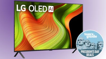 The LG B5 OLED TV displaying an abstract, colorful image next to a circular, blue-colored badge that reads: "Tom's Guide Presidents Day Deals"