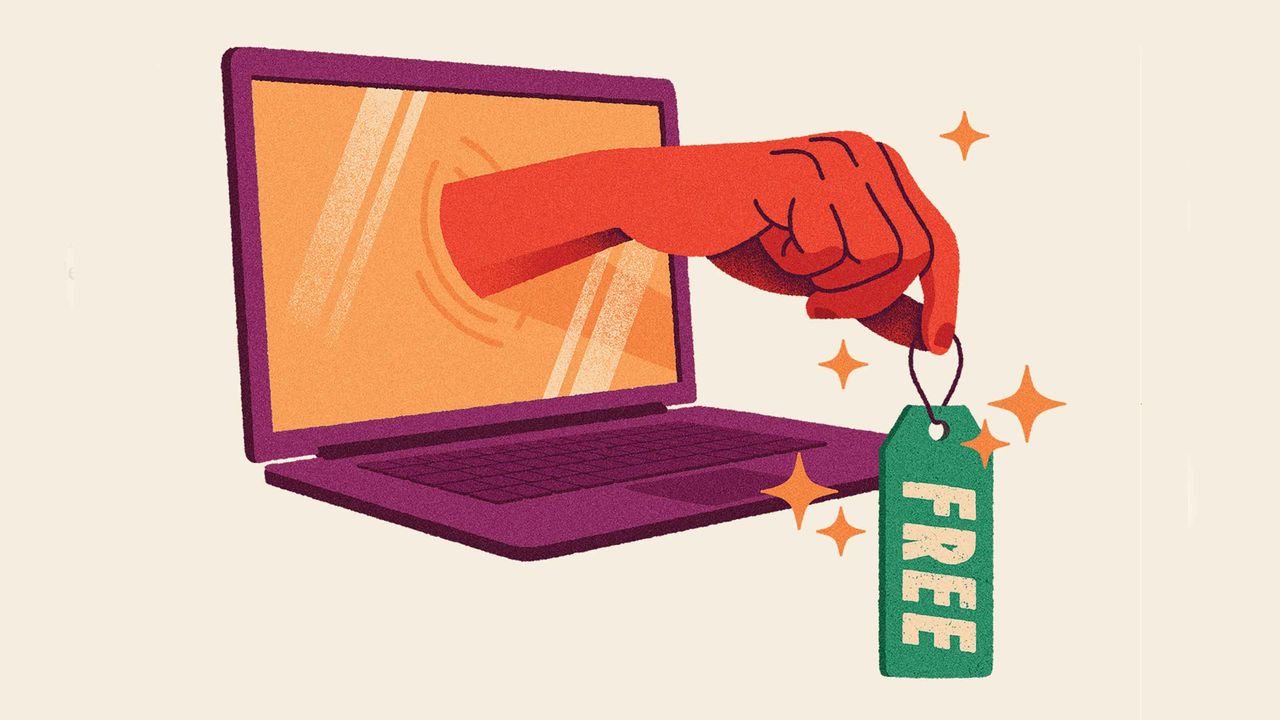 drawing of a hand coming out of a computer screen holding a tag saying &amp;quot;free&amp;quot;