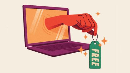drawing of a hand coming out of a computer screen holding a tag saying "free"