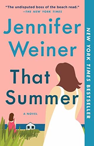 'That Summer' book cover with a woman in a white dress looking at a woman in a red dress by a beach house