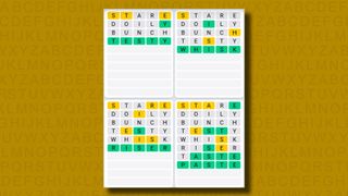 Quordle daily sequence answers for game 853 on a yellow background