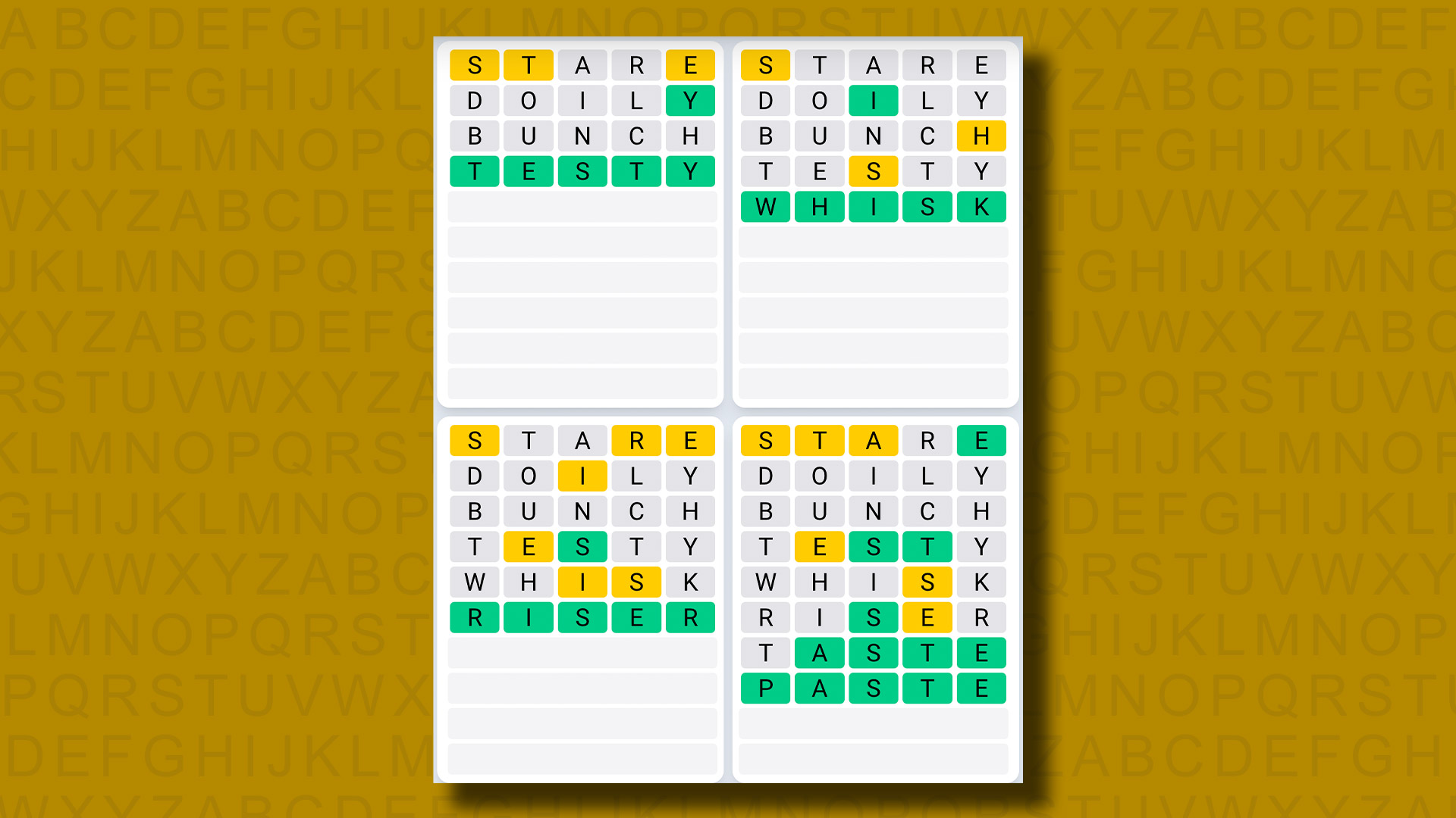 Respuestas de la secuencia diaria de Quordle para el juego 853 sobre un fondo amarillo