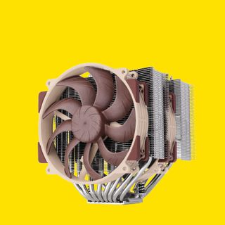 A Noctua cooler on a yellow background.