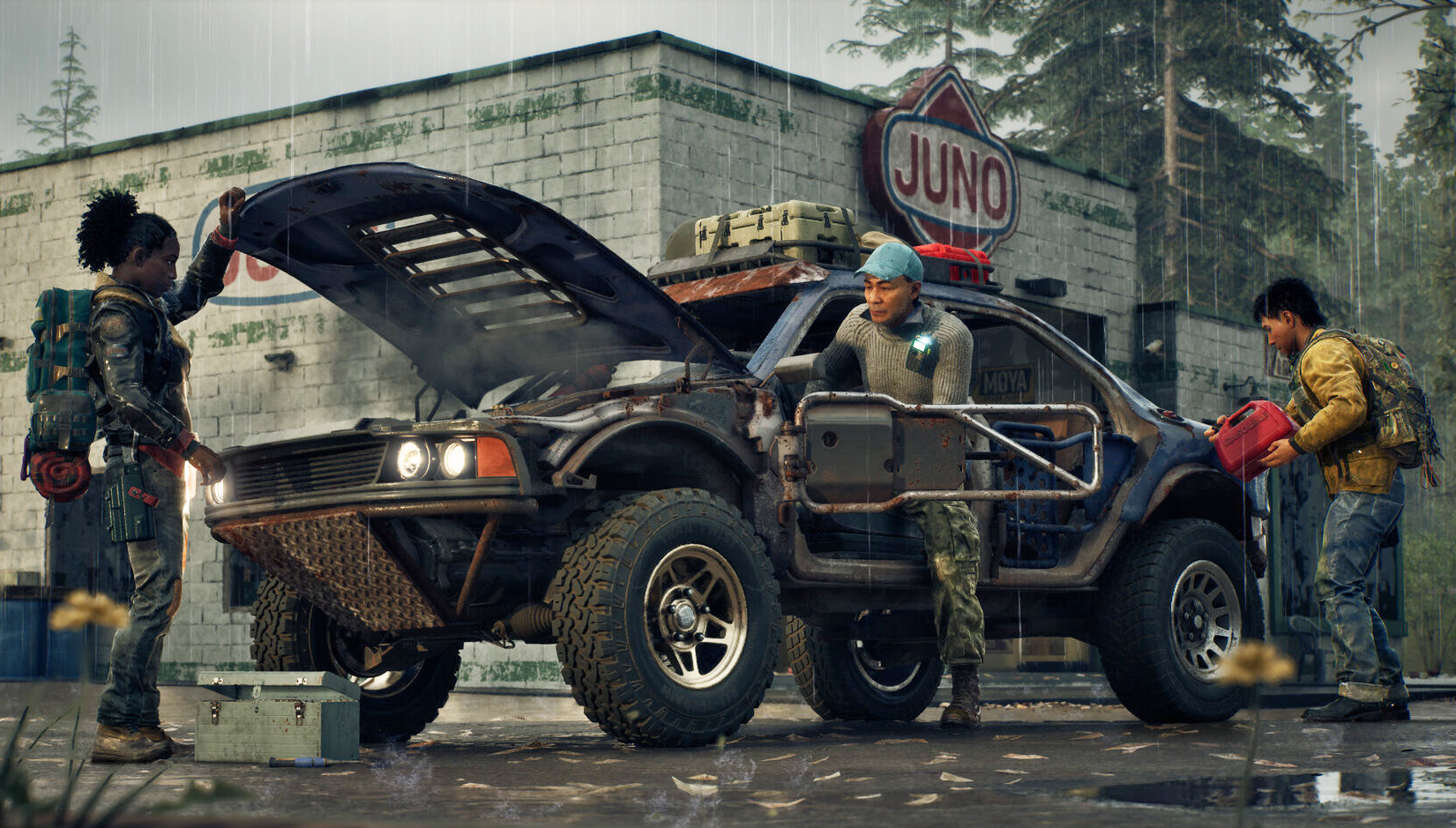 Survivors trying to gas up and start a car