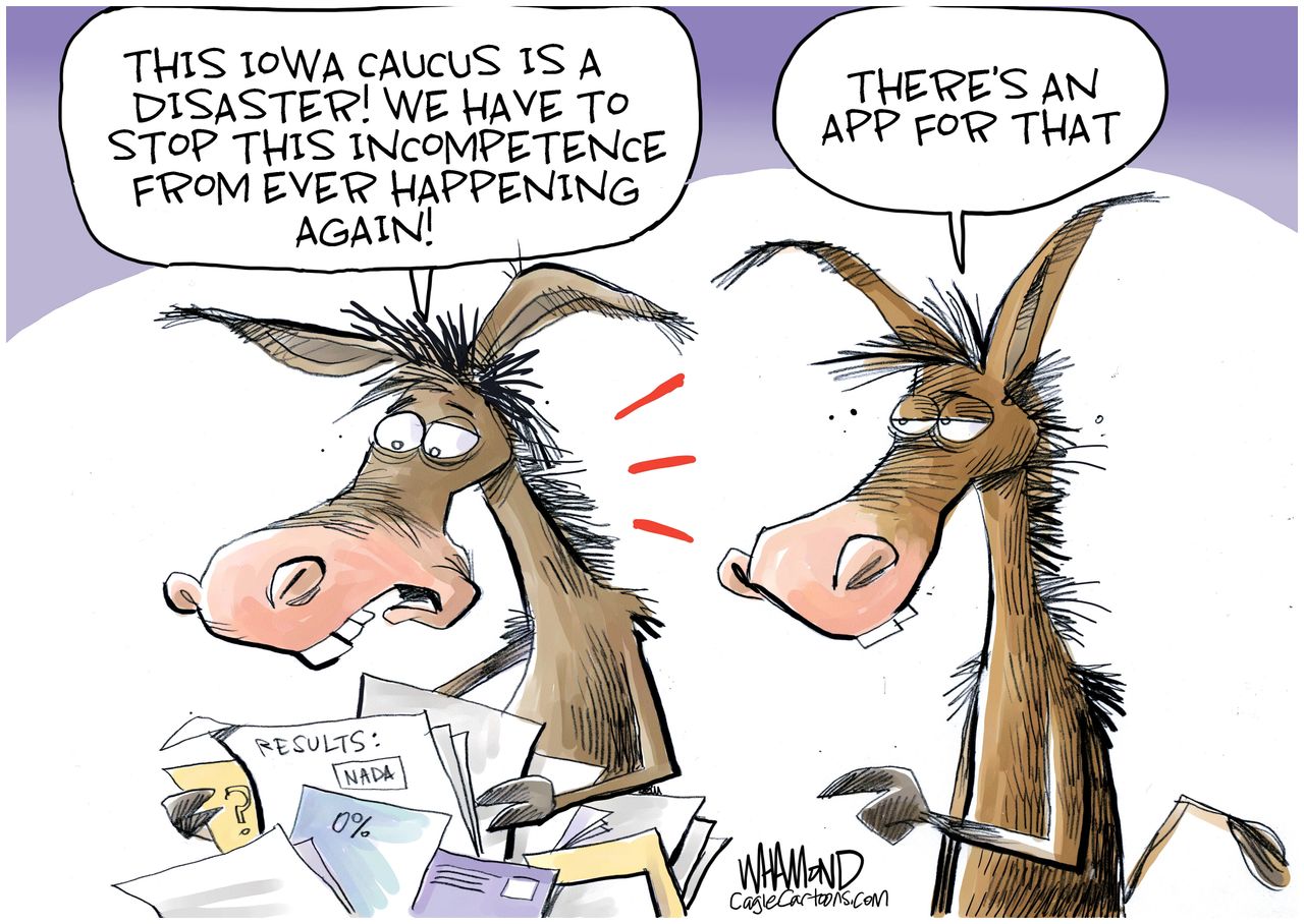 Political Cartoon U.S. Democrats Iowa Caucus 2020 elections voting confusion apps