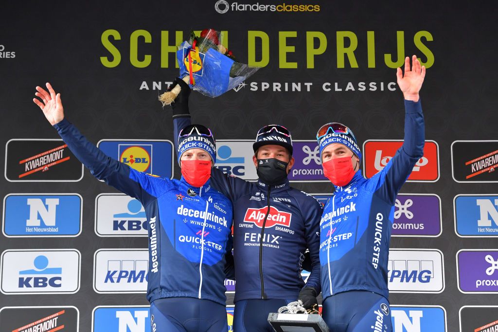 Sam Bennett, Jasper Philipsen and Mark Cavendish on the podium at Scheldeprijs 2021