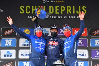 SCHOTEN BELGIUM APRIL 07 Podium Sam Bennett of Ireland and Team Deceuninck QuickStep Jasper Philipsen of Belgium and Team AlpecinFenix Mark Cavendish of United Kingdom and Team Deceuninck QuickStep Celebration during the 109th Scheldeprijs 2021 Mens Elite a 1942km race from Terneuzen to Schoten Mask Covid Safety Measures Trophy SP21 FlandersClassic on April 07 2021 in Schoten Belgium Photo by Luc ClaessenGetty Images