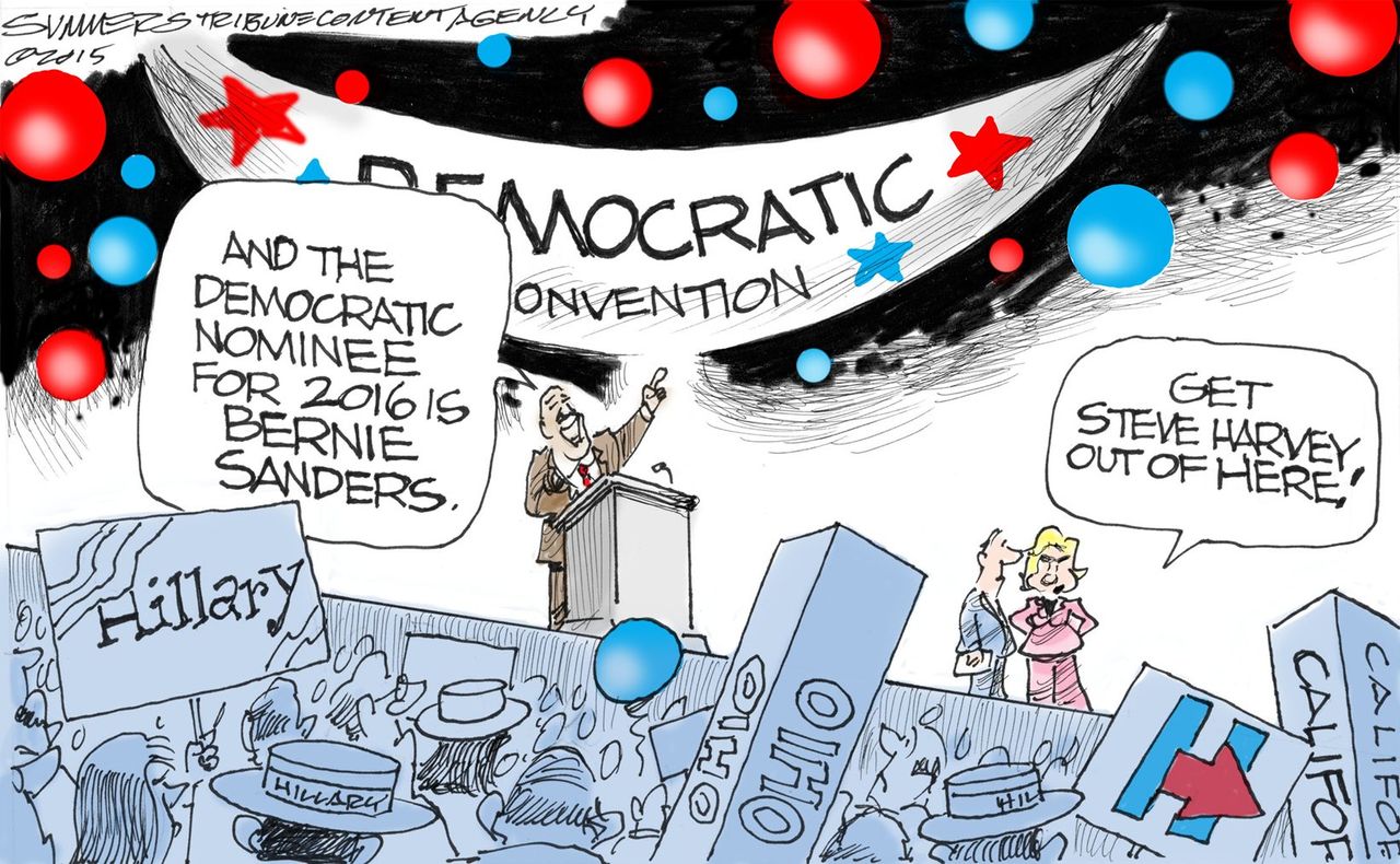 Political cartoon U.S. Democrat Candidate Sanders Clinton Miss Universe