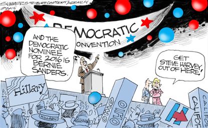Political cartoon U.S. Democrat Candidate Sanders Clinton Miss Universe