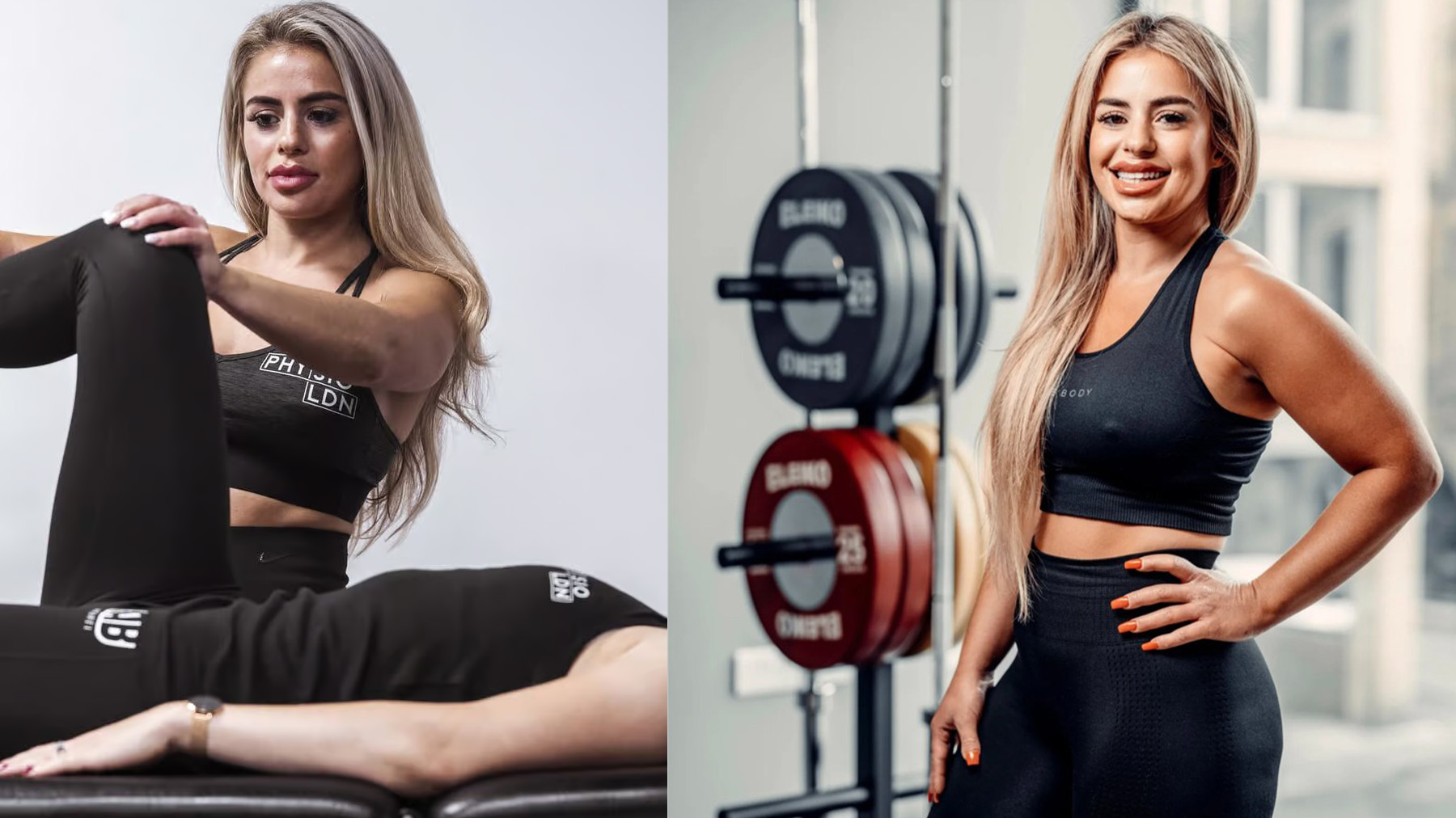 Physio Rebecca left performing knee assessment on client and right, smiling for camera in the gym