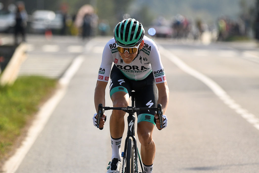 MANRESA SPAIN MARCH 26 Lennard Kmna of Germany and Team BORA Hansgrohe during the 100th Volta Ciclista a Catalunya 2021 Stage 5 a 2015km stage from La Pobla De Segur to Manresa 220m VoltaCatalunya100 on March 26 2021 in Manresa Spain Photo by David RamosGetty Images