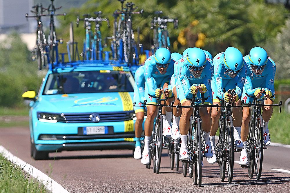 Astana on their way to winning the Giro del Trentino team time trial.