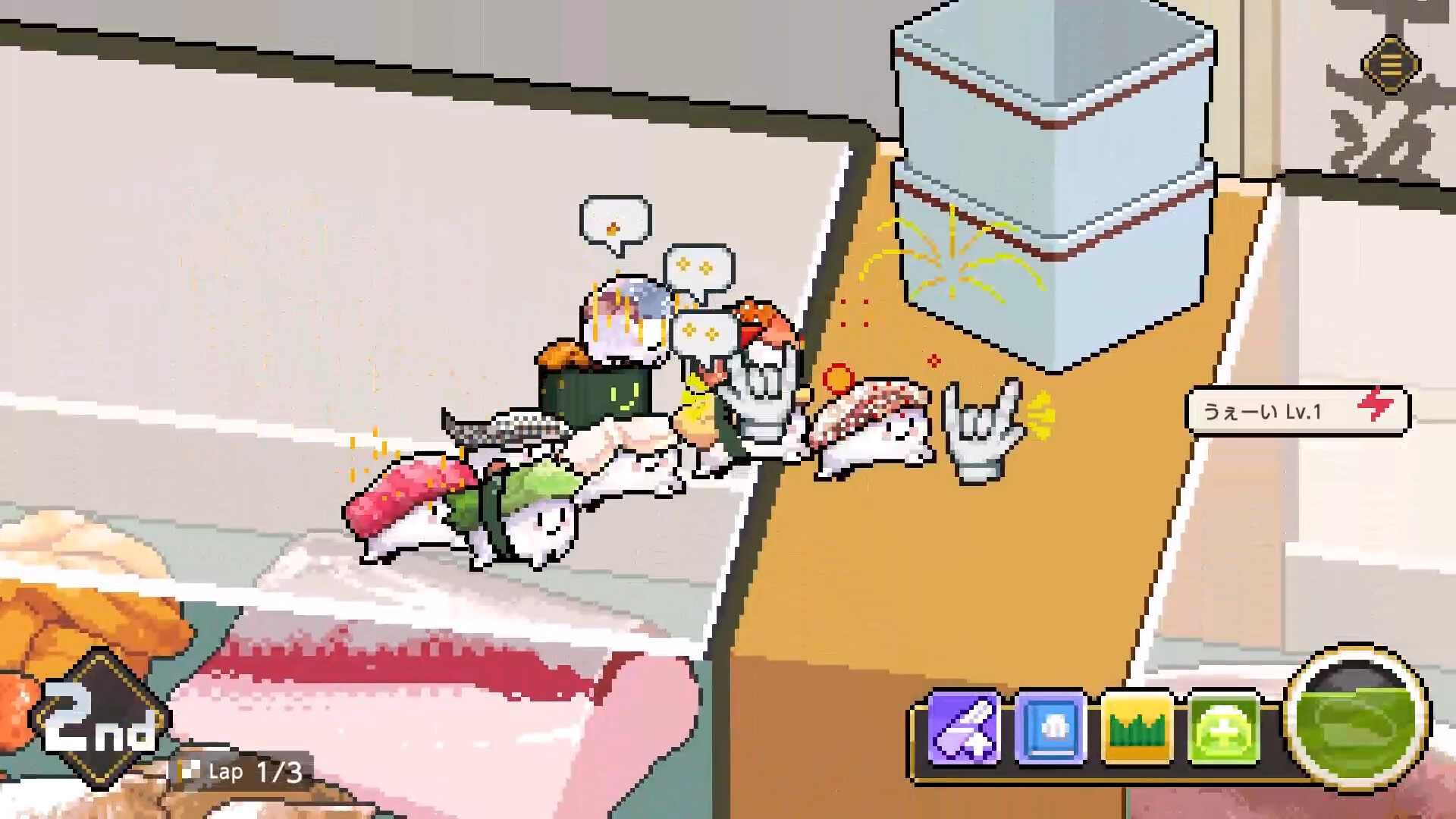 Wabisabi SushiDerby - several nigiri sushi leap across a fish market counter racing to the finish line