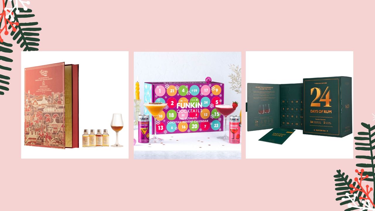 A collage of three alcohol advent calendars by funkin cocktails, single malts of scotland and 24 days of rum on a pink backdrop