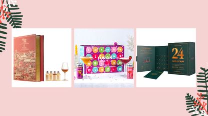 A collage of three alcohol advent calendars by funkin cocktails, single malts of scotland and 24 days of rum on a pink backdrop