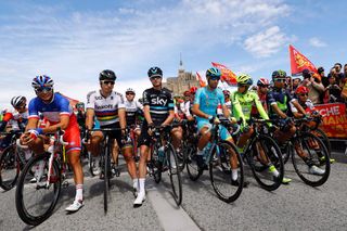 Arthur Vichot, Peter Sagan, Chris Froome, Vincenzo Nibali, Alberto Contador and Nairo Quintana before the start of Stage 1 of the 2016 Tour de France