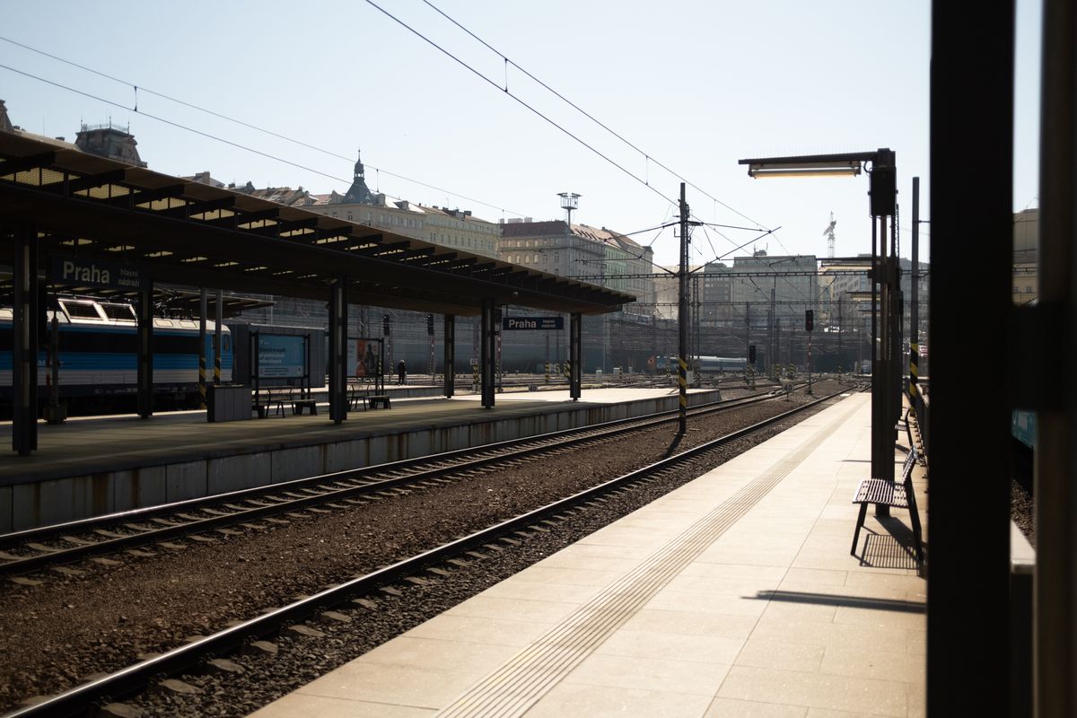Train tracks at Prague railway station on a sunny day