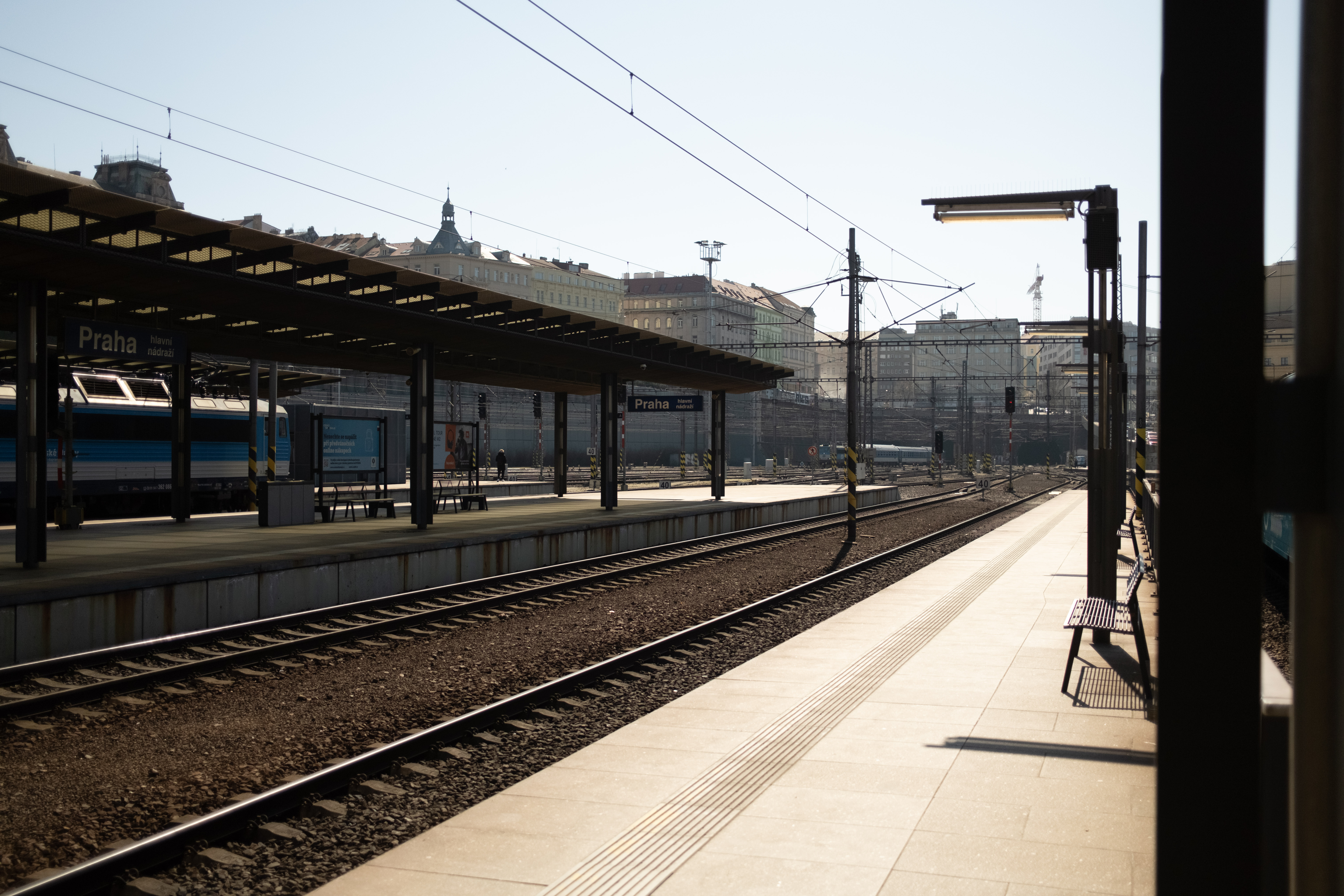Train tracks at Prague railway station on a sunny day