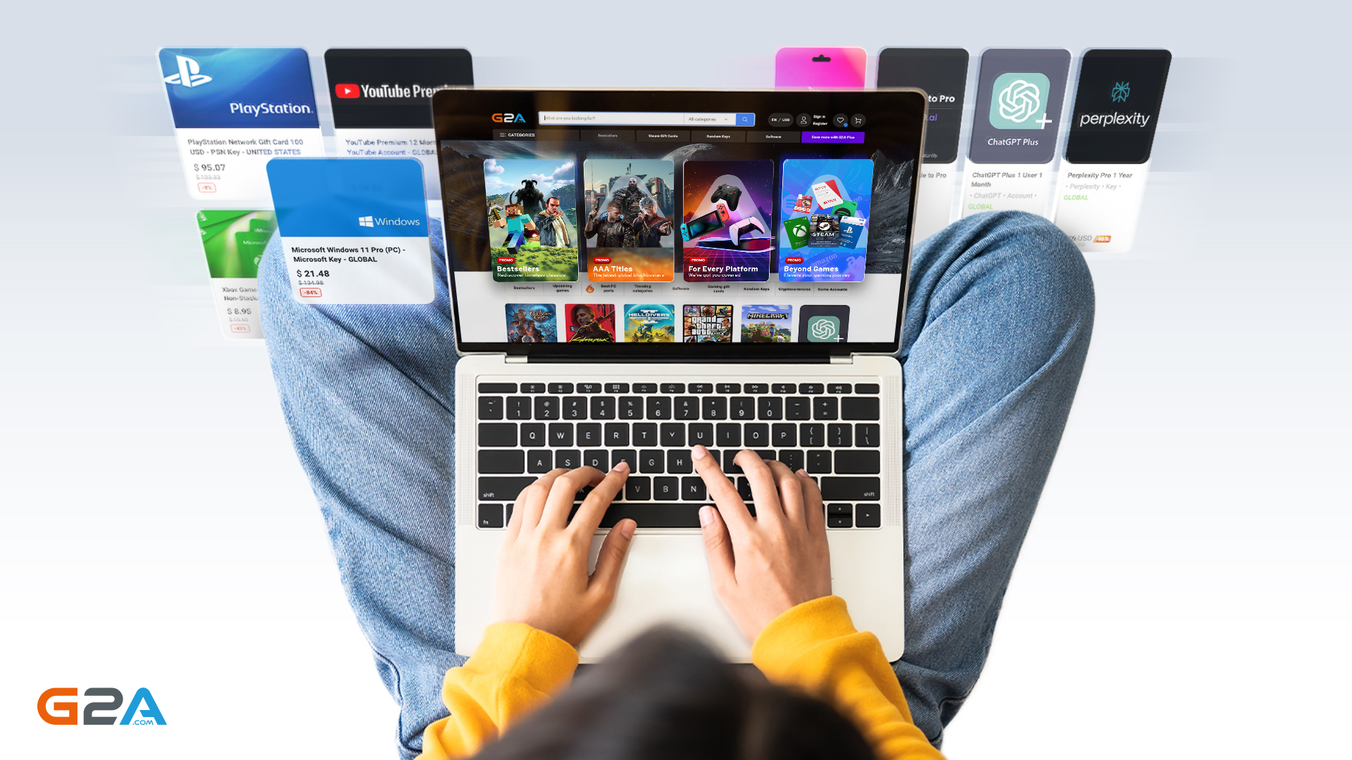 A person sitting at a laptop, examining the offerings from G2A.COM