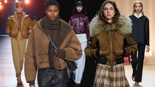 Short jacket looks from Hermes fall/winter 2024 show, Isabel Marant fall/winter 2024 show, Khaite fall/winter 2024 show, Burberry fall/winter 2024 show, and Bally fall/winter 2024 show.