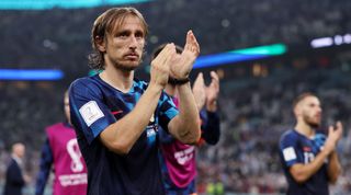 Luka Modric of Croatia applauds fans after the 0-3 loss during the FIFA World Cup Qatar 2022 semi-final match between Argentina and Croatia at Lusail Stadium on December 13, 2022 in Lusail City, Qatar.