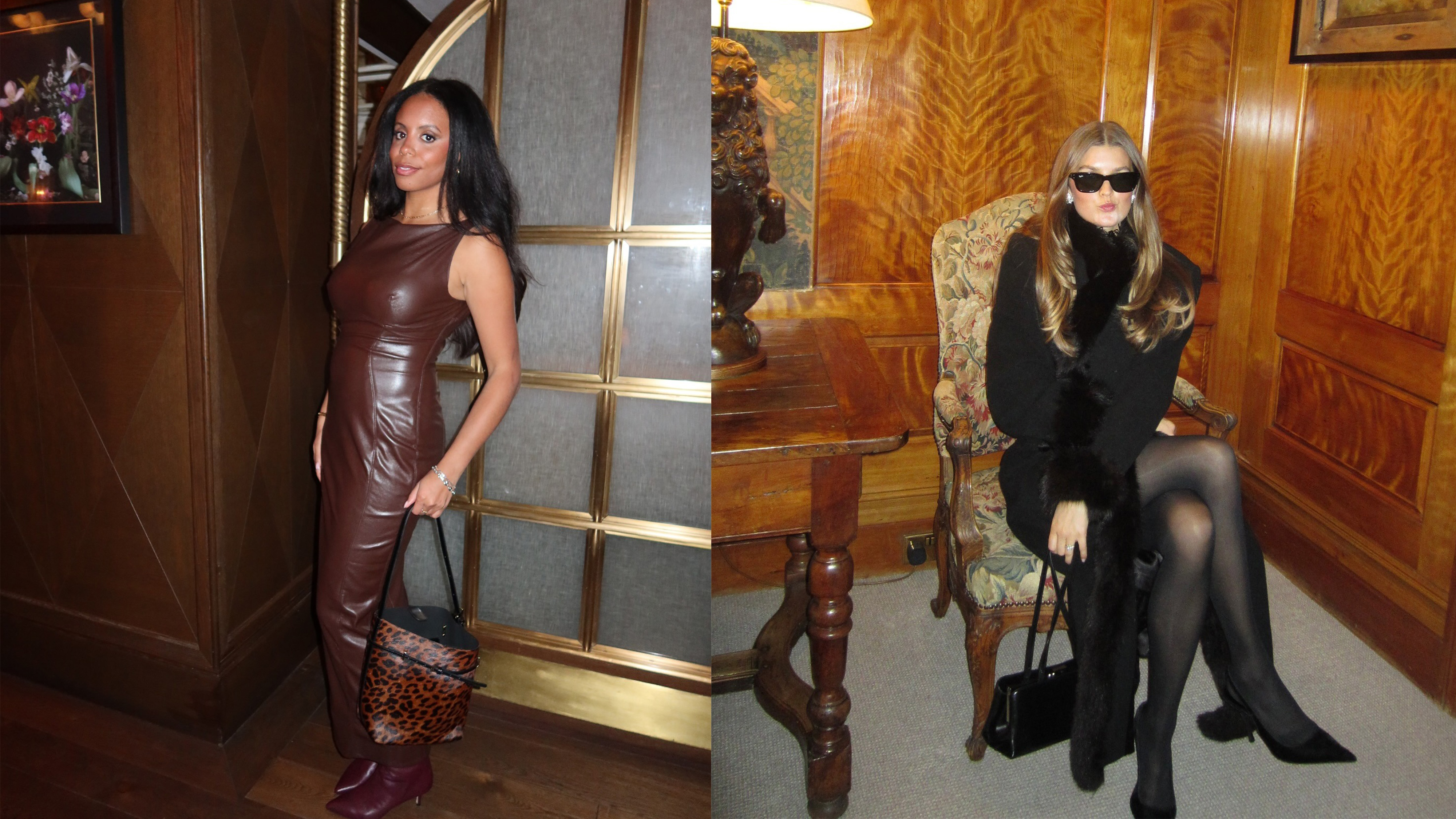 Sierra wears a brown leather jacket. Sara wears a black jacket and sheer black tights.