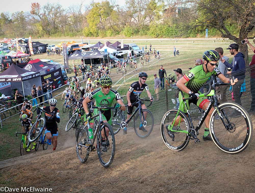 Curtis White (Cannondale) and Gage Hecht (Alpa Bicycle) chasing Ellwood during the first lap