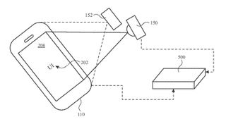 An image from the 'Multi-Device Continuity for use with Extended Reality (XR) Systems' patent, showing an interaction between a user's gaze and an iPhone.