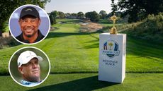 Main image of Bethpage Black and inset photos of Tiger Woods (upper left) and Stewart Cink (lower left)