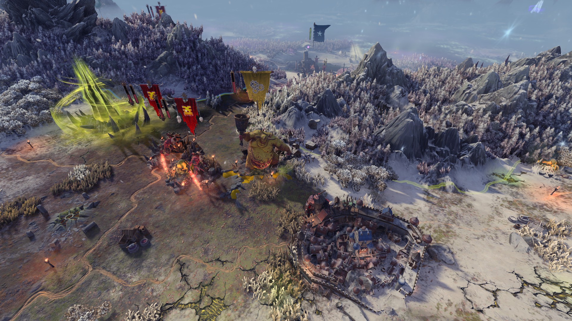 Daemon armies besieging a settlement in Total War: Warhammer 3