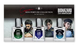 Three clear bottles set against concept art of three of Resident Evil's biggest protagonists - Chris, Jill, and Leon