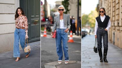 A composite of street style influencers wearing stylish tops to wear with jeans
