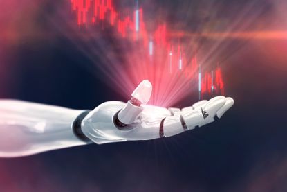 AI crash: Robot hand under a falling stock market chart