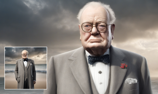 AI generated image of a Winston Churchill-like character on a beach