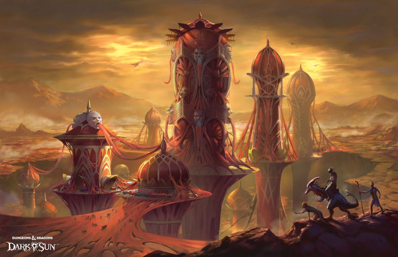 A flesh-strewn city in the desert, with a dinosaur rider seen in the foreground