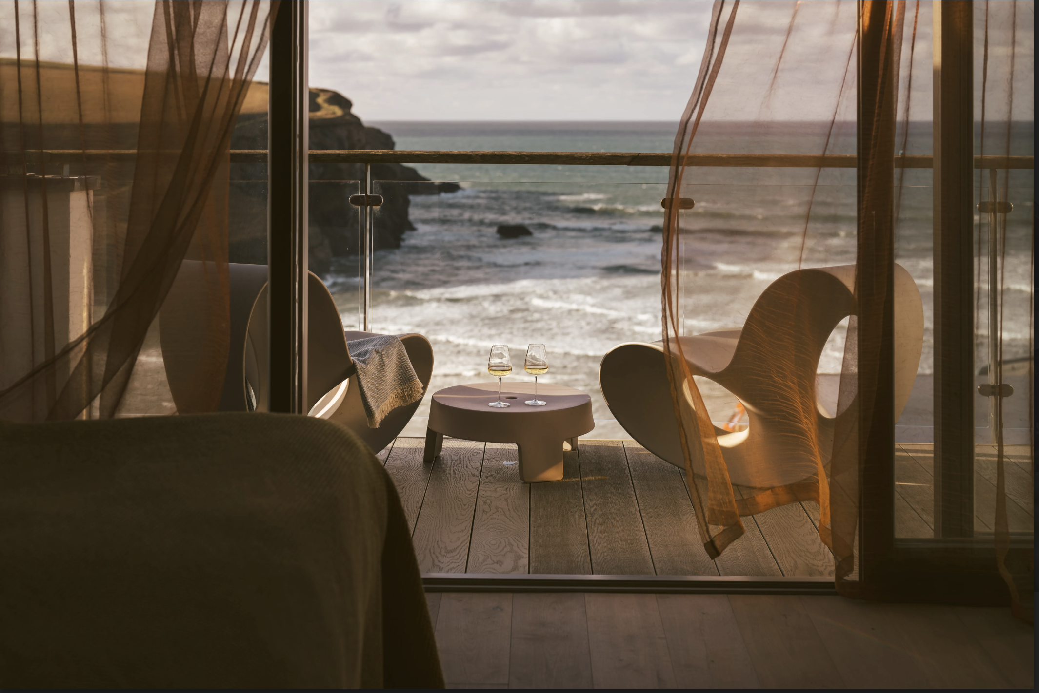 an image of the view from one of the rooms in The Scarlet Hotel in Mawgan Porth, Cornwall