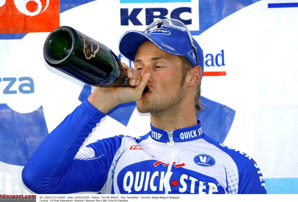 Boonen celebrates on the E3 Prijs Vlaanderen podiumBoonen's first top-ten of Milan-San Remo. 2005