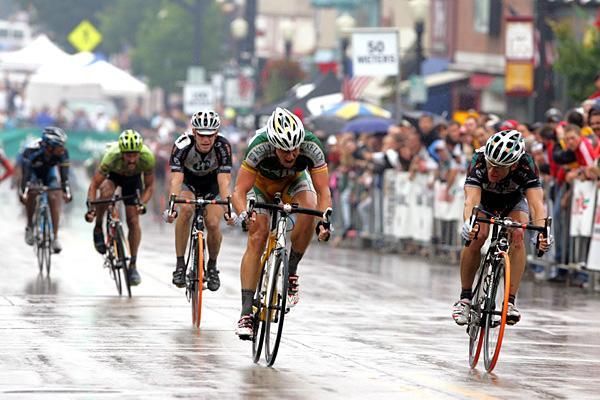 Shawn Milne, third left, finished third at the 2007 US pro criterium championship behind winner Martin Gilbert and teammate Kirk O'Bee, right.