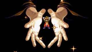 A pair of ethereal hands presents the protagonist of Terranigma in pixel art