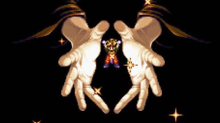 A pair of ethereal hands presents the protagonist of Terranigma in pixel art