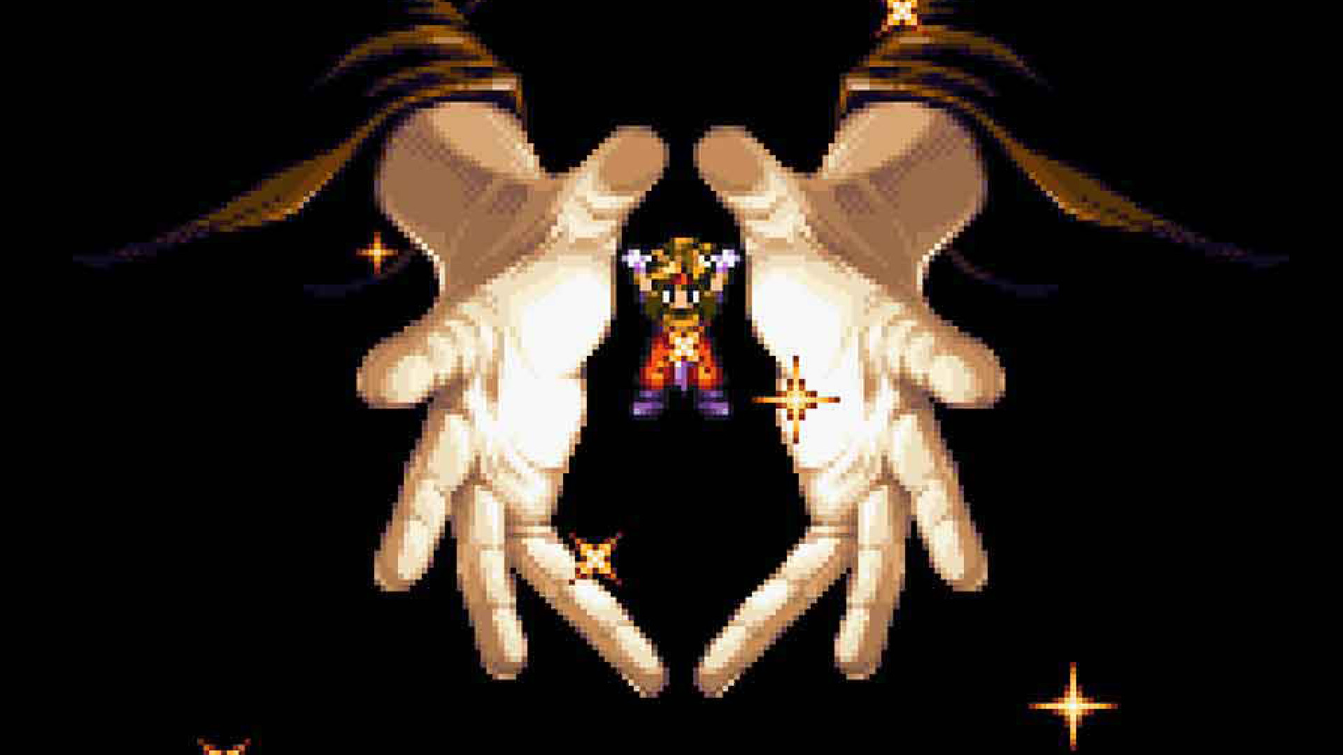 A pair of ethereal hands presents the protagonist of Terranigma in pixel art
