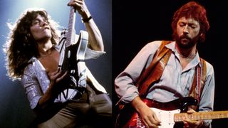 LEFT: Eddie Van Halen performing live onstage. RIGHT: Eric Clapton plays guitar as he performs onstage during his 'Money and Cigarettes' tour at Brendan Byrne Arena (later renamed Meadowlands Arena), East Rutherford, New Jersey, February 22, 1983.