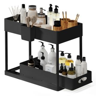  2 Tier black Organizer With Sliding Drawer and side caddy for brushes